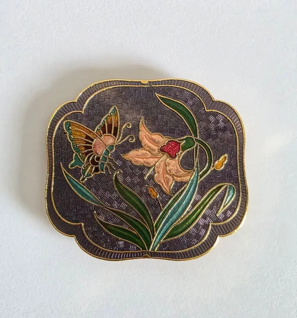 Vintage Cloisonne Style Enamel Butterfly Lily Gold Tone Scarf Clip